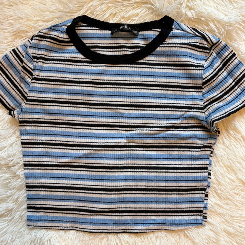 SHEIN Black, White, and Blue Striped Ribbed Crop Top